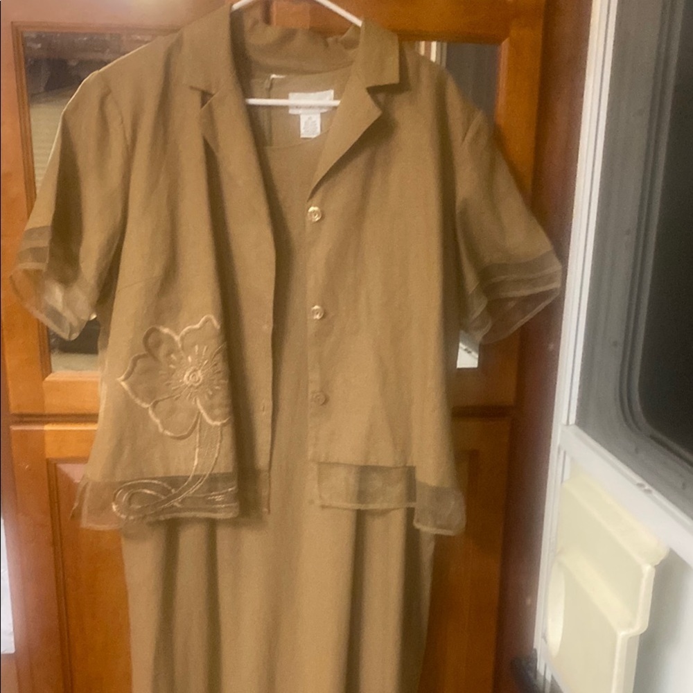 Vintage Linen Blend Brown XL Embroidered Two-Piece Skirt & Blazer Minimalist